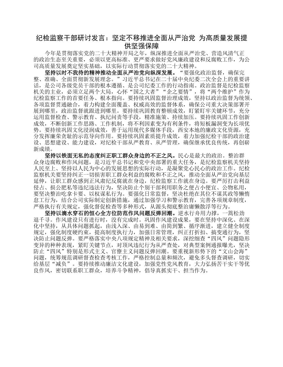 纪检监察干部研讨发言：坚定不移推进全面从严治党为高质量发展提供坚强保障.docx_第1页