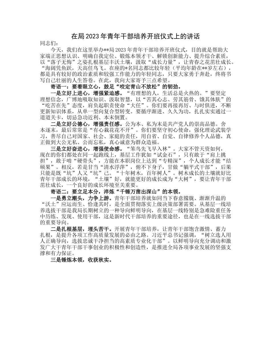 20230313：在局2023年青年干部培养开班仪式上的讲话.docx_第1页