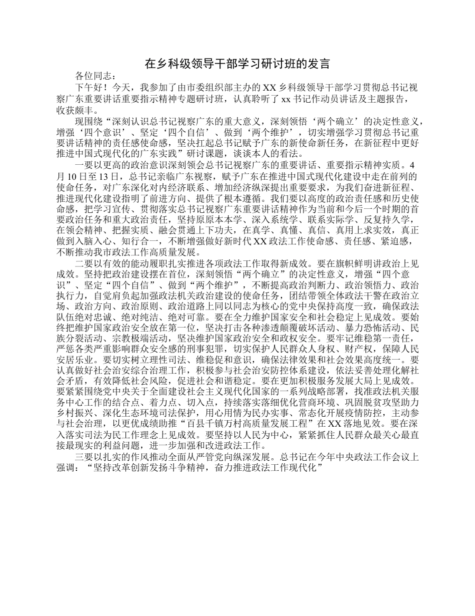 在乡科级领导干部学习研讨班的发言.docx_第1页