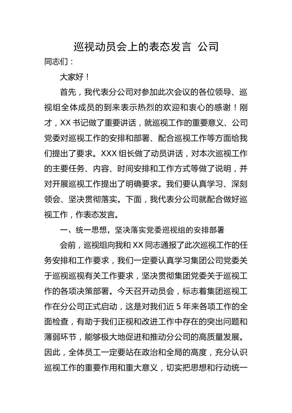 巡视动员会上的表态发言---公司.docx_第1页