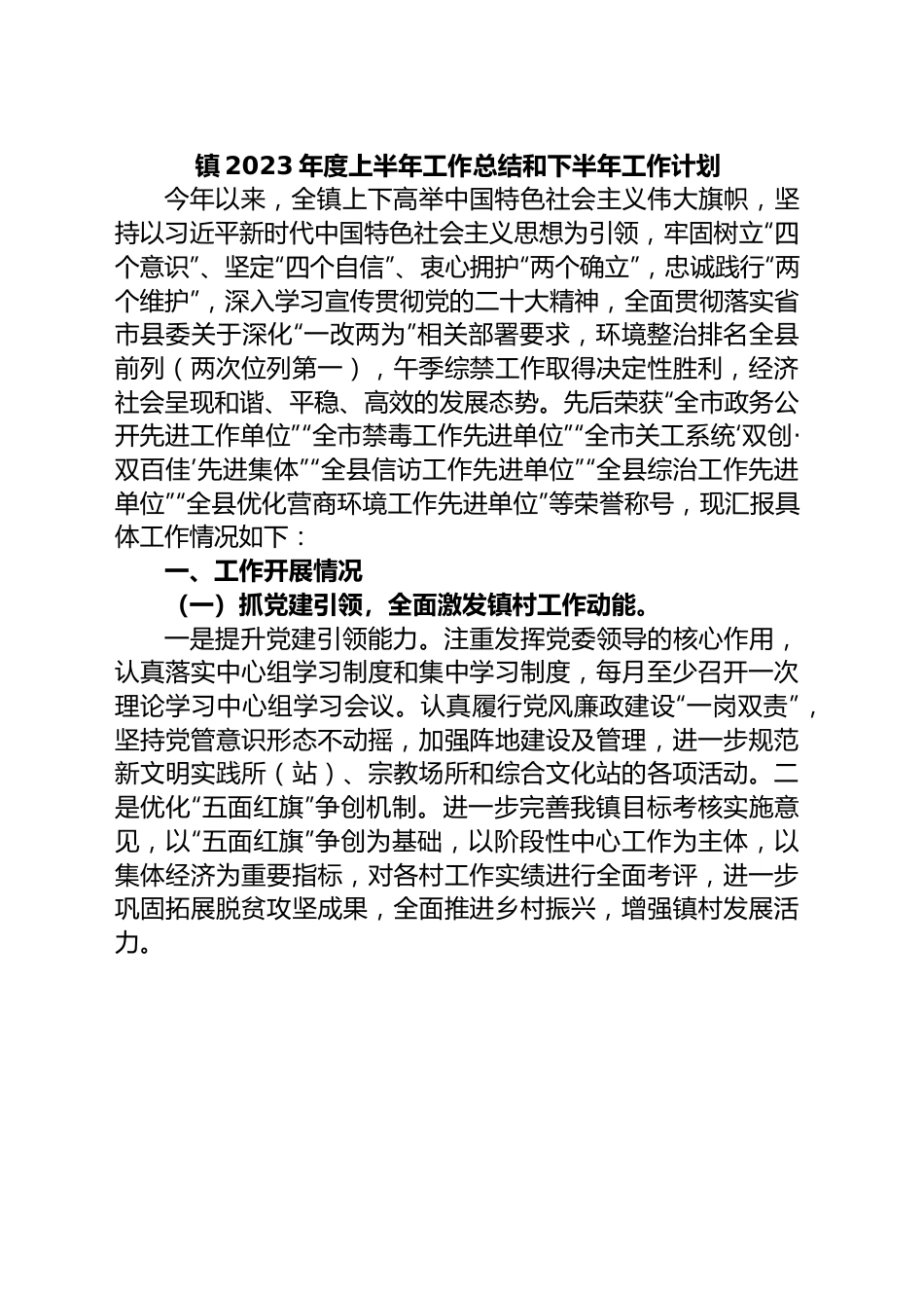 镇2023年度上半年工作总结和下半年工作计划.docx_第1页