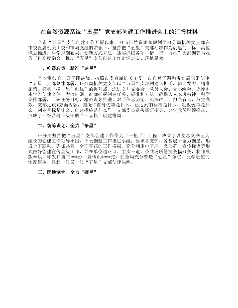 在自然资源系统“五星”党支部创建工作推进会上的汇报材料.docx_第1页