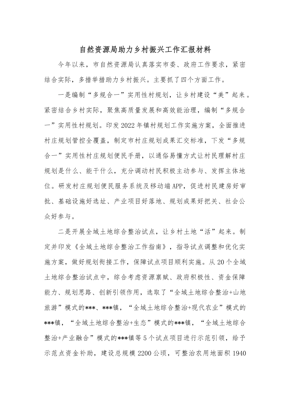 自然资源局助力乡村振兴工作汇报材料.docx_第1页