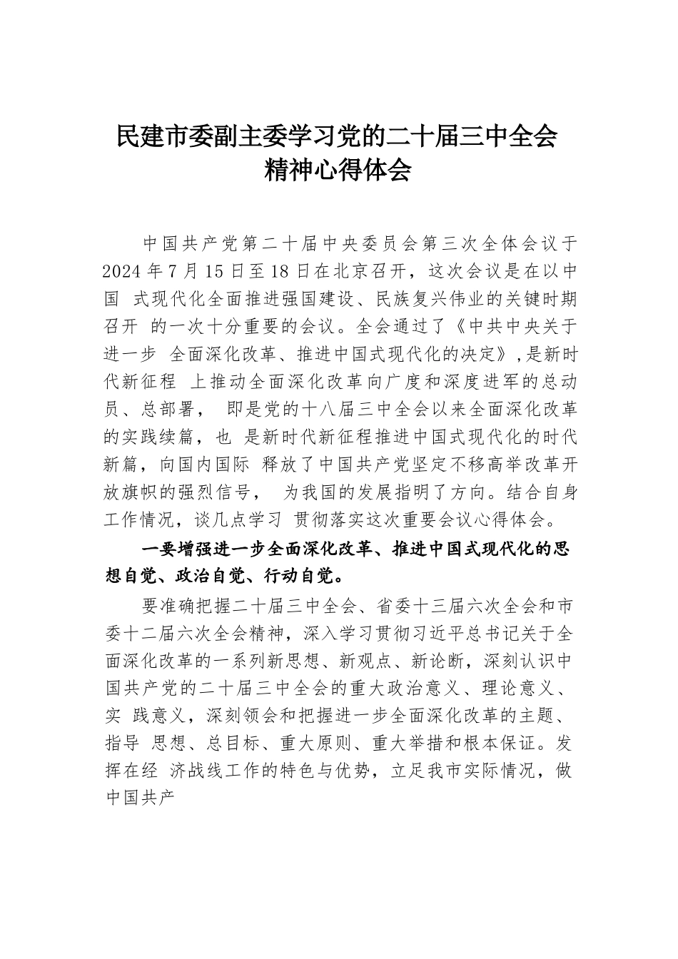 民建市委副主委学习党的二十届三中全会精神心得体会.docx.docx_第1页