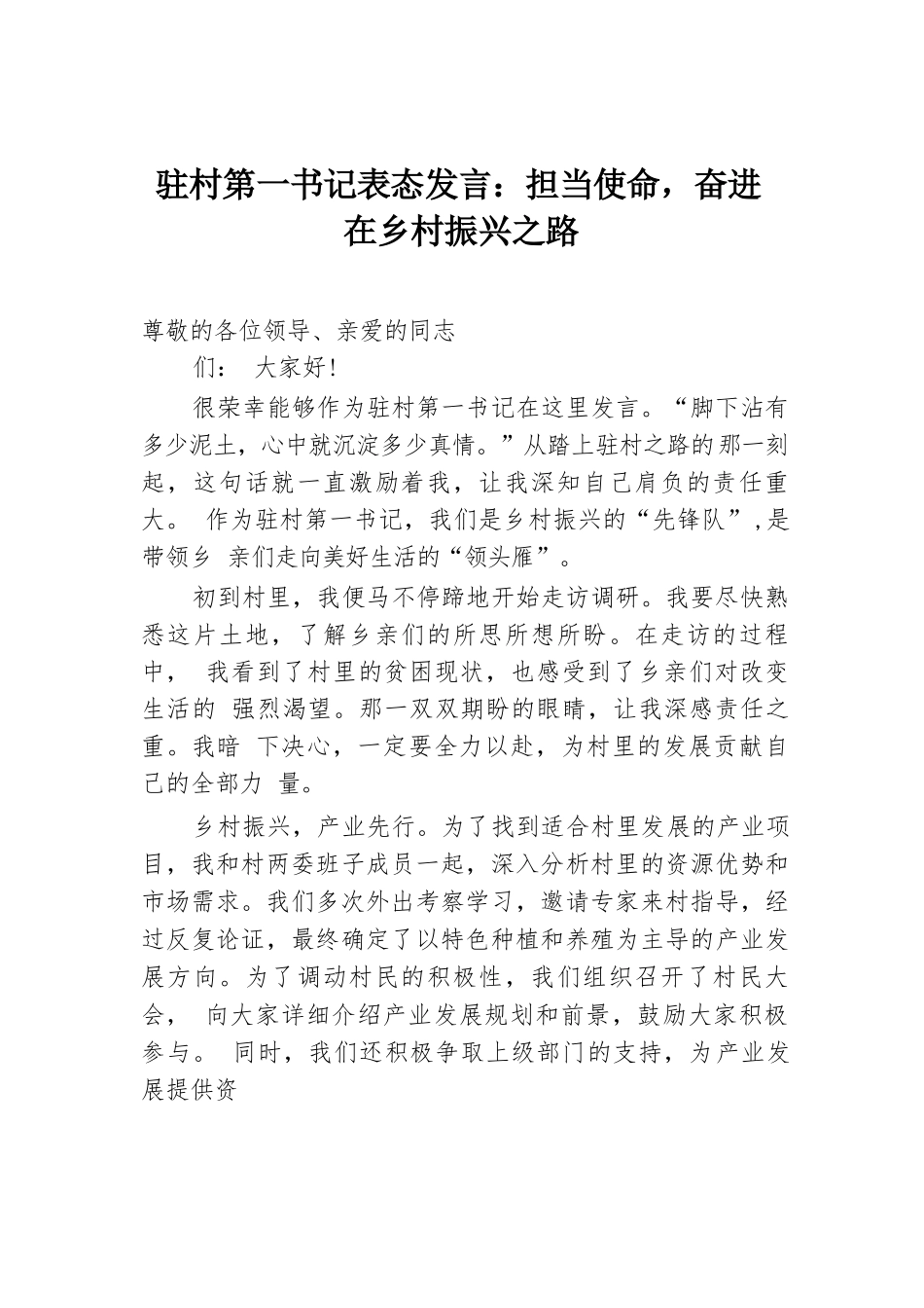 驻村第一书记表态发言：担当使命，奋进在乡村振兴之路.docx.docx_第1页