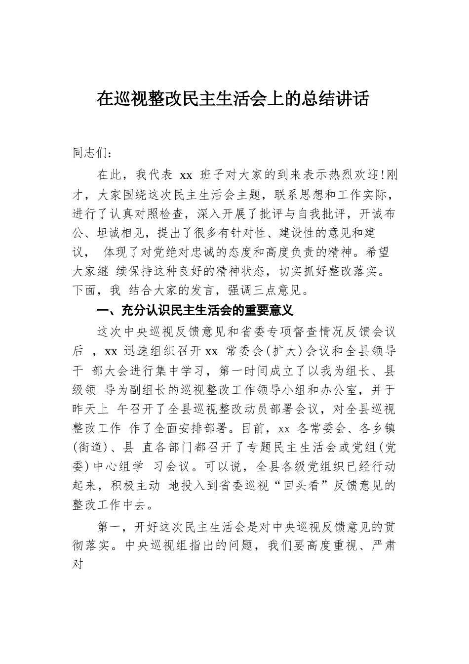 在巡视整改民主生活会上的总结讲话.docx.docx_第1页