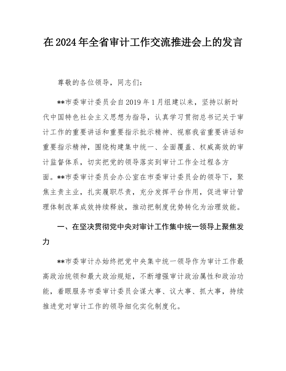 在2024年全省审计工作交流推进会上的发言.docx_第1页