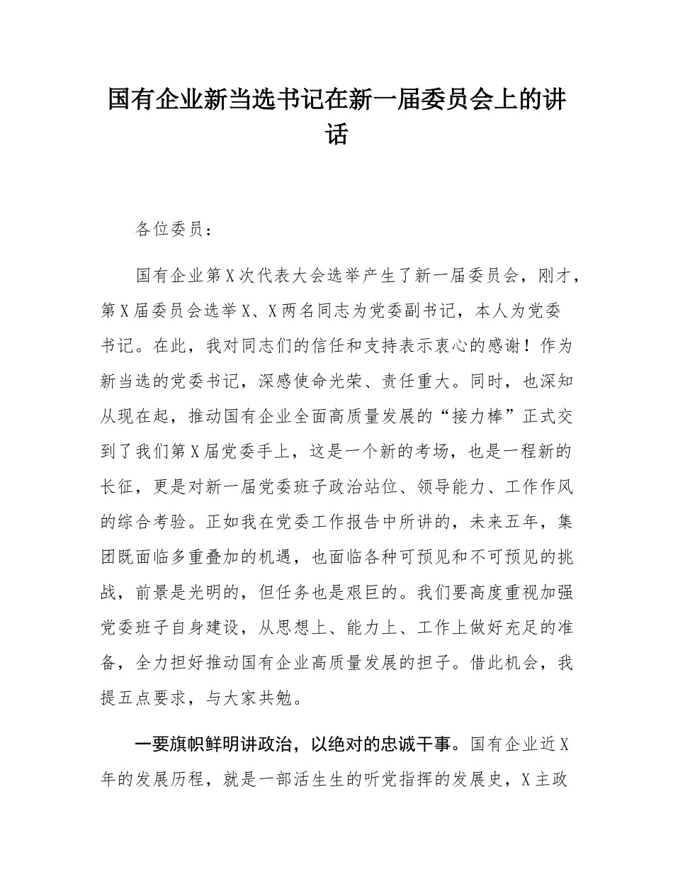 国有企业新当选书记在新一届委员会上的讲话.docx_第1页