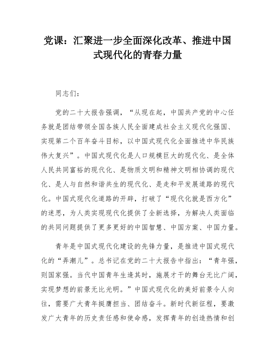 党课：汇聚进一步全面深化改革、推进中国式现代化的青春力量.docx_第1页