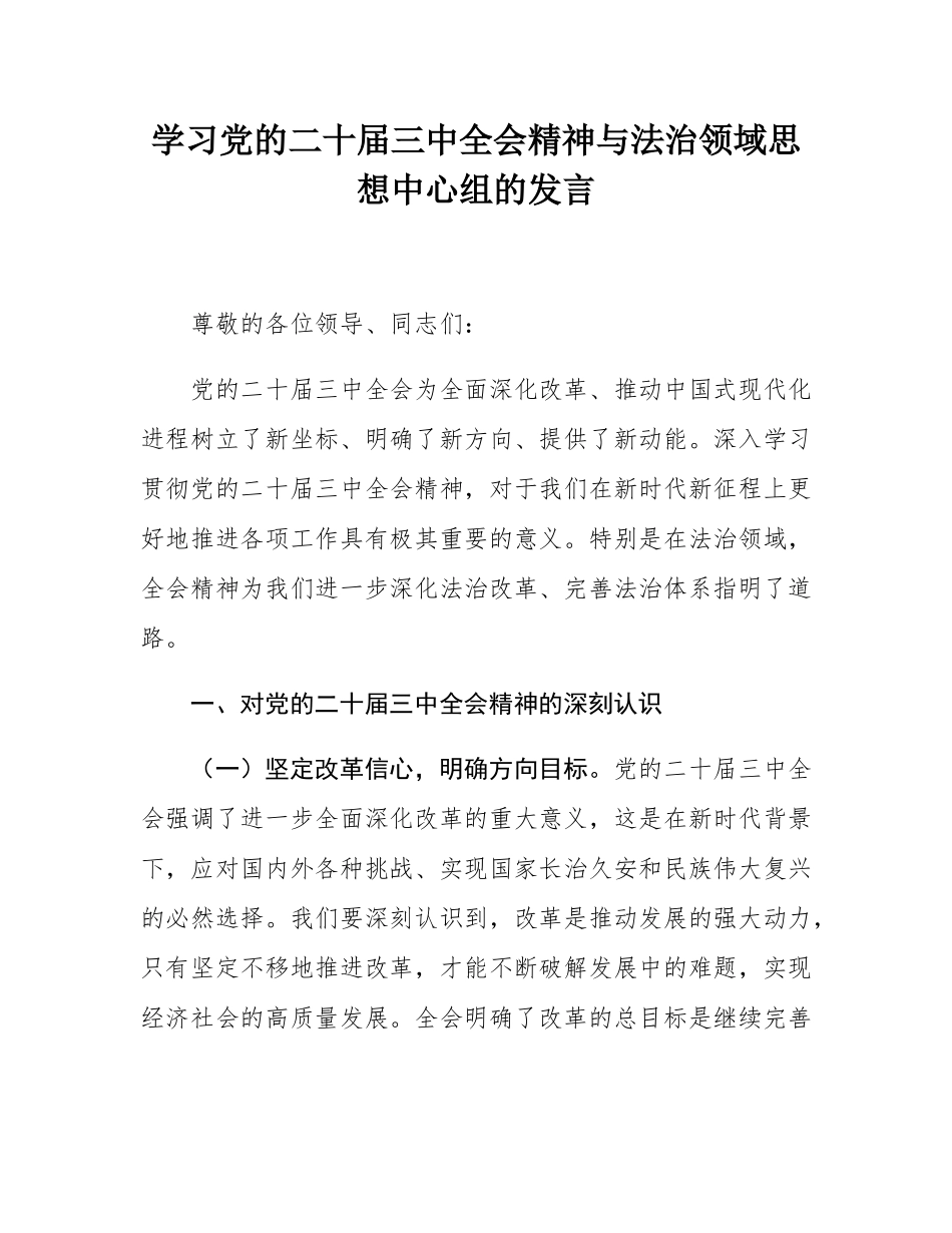 学习党的二十届三中全会精神与法治领域思想中心组的发言.docx_第1页