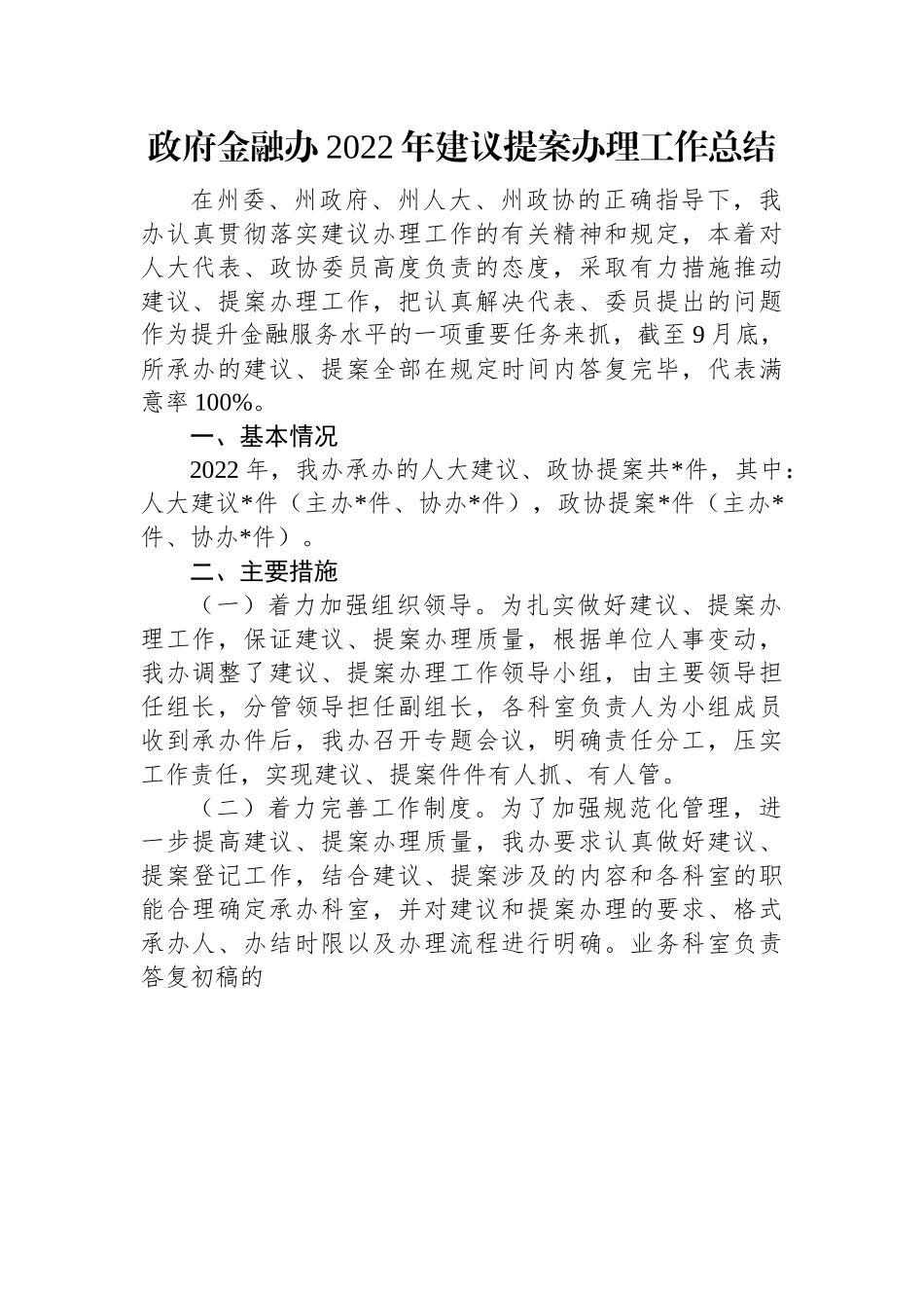 政府金融办2022年建议提案办理工作总结.docx_第1页