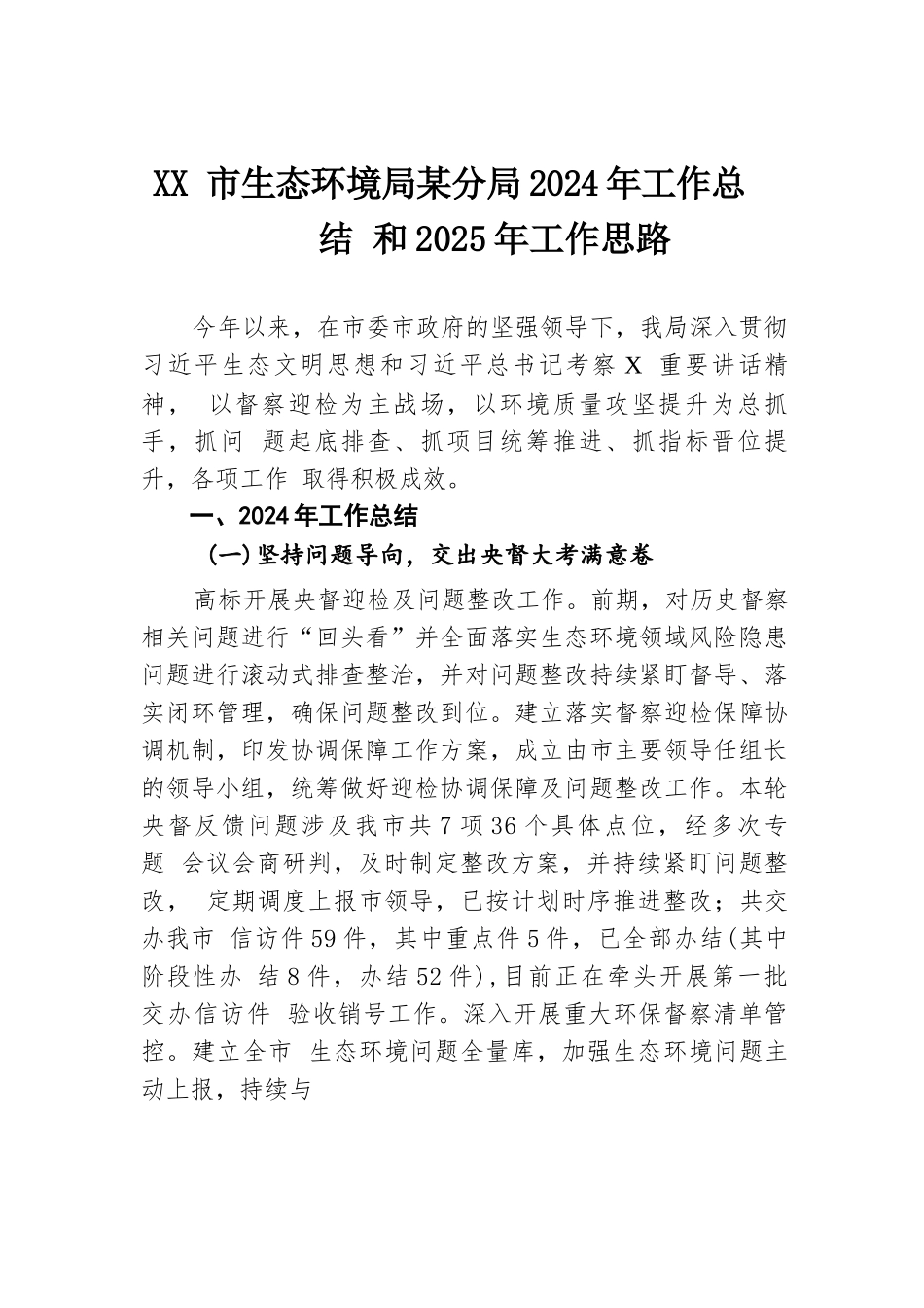 XX市生态环境局某分局2024年工作总结和2025年工作思路.docx.docx_第1页