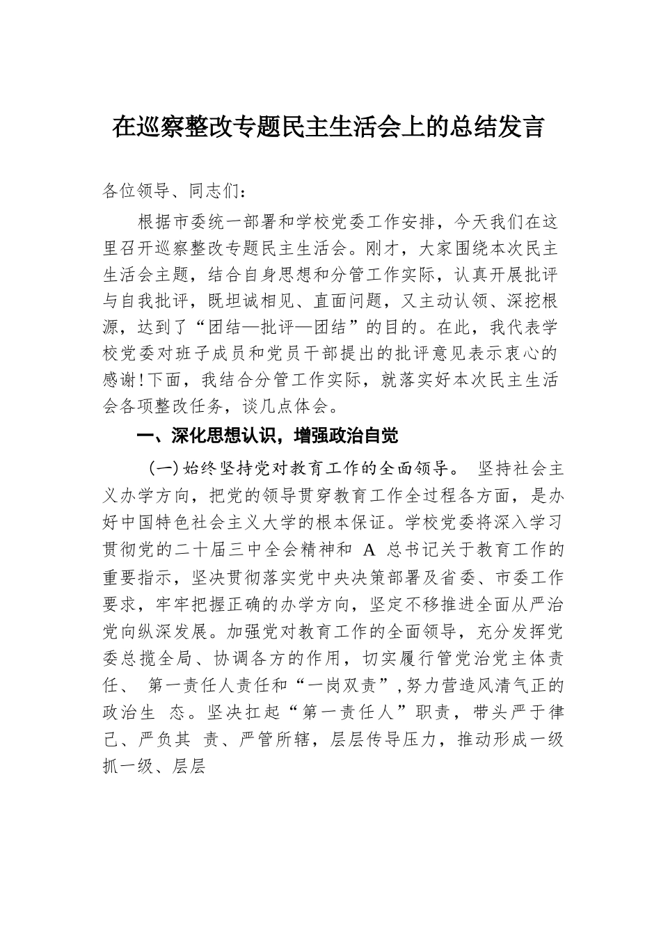 2024年在巡察整改专题民主生活会上的总结发言.docx.docx_第1页