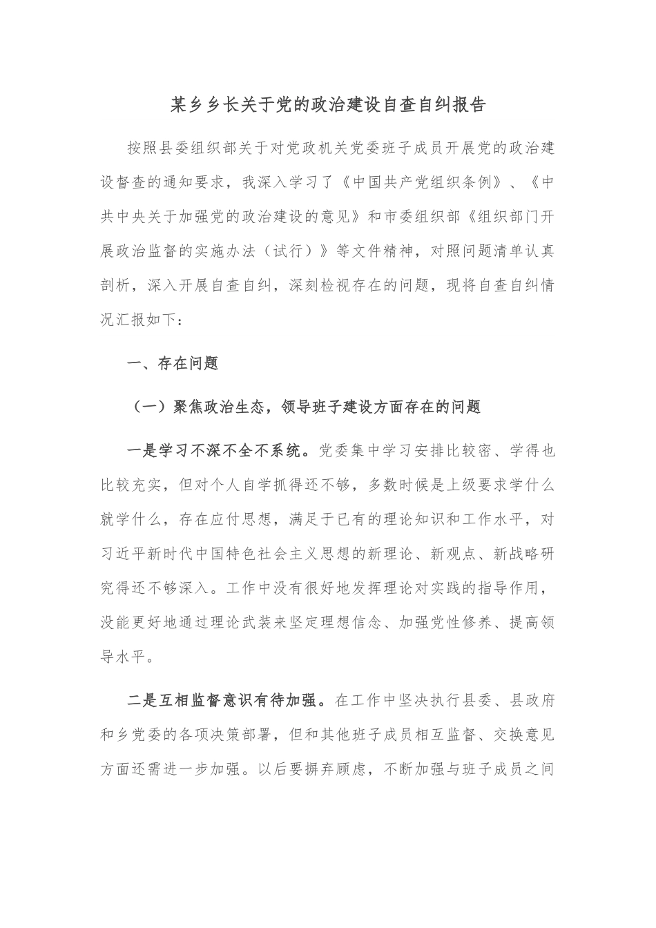 某乡乡长关于党的政治建设自查自纠报告.docx_第1页