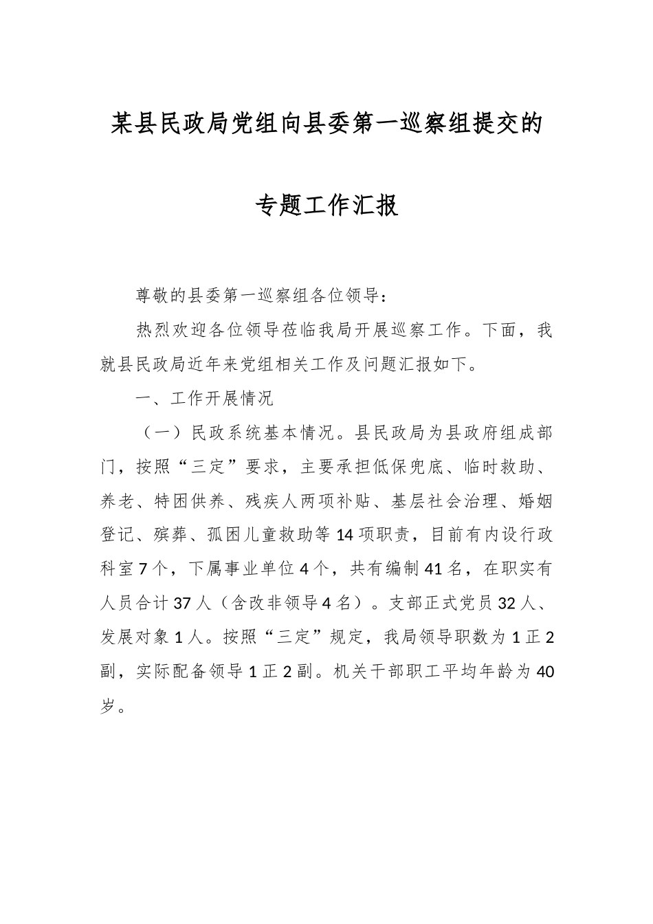 某县民政局党组向县委第一巡察组提交的专题工作汇报.docx_第1页