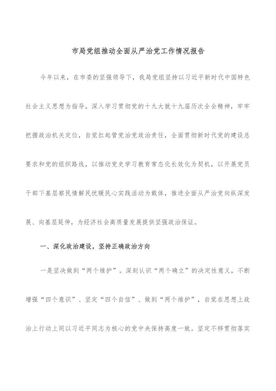 市局党组推动全面从严治党工作情况报告.docx_第1页