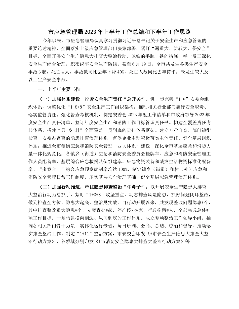 市应急管理局2023年上半年工作总结和下半年工作思路.docx_第1页