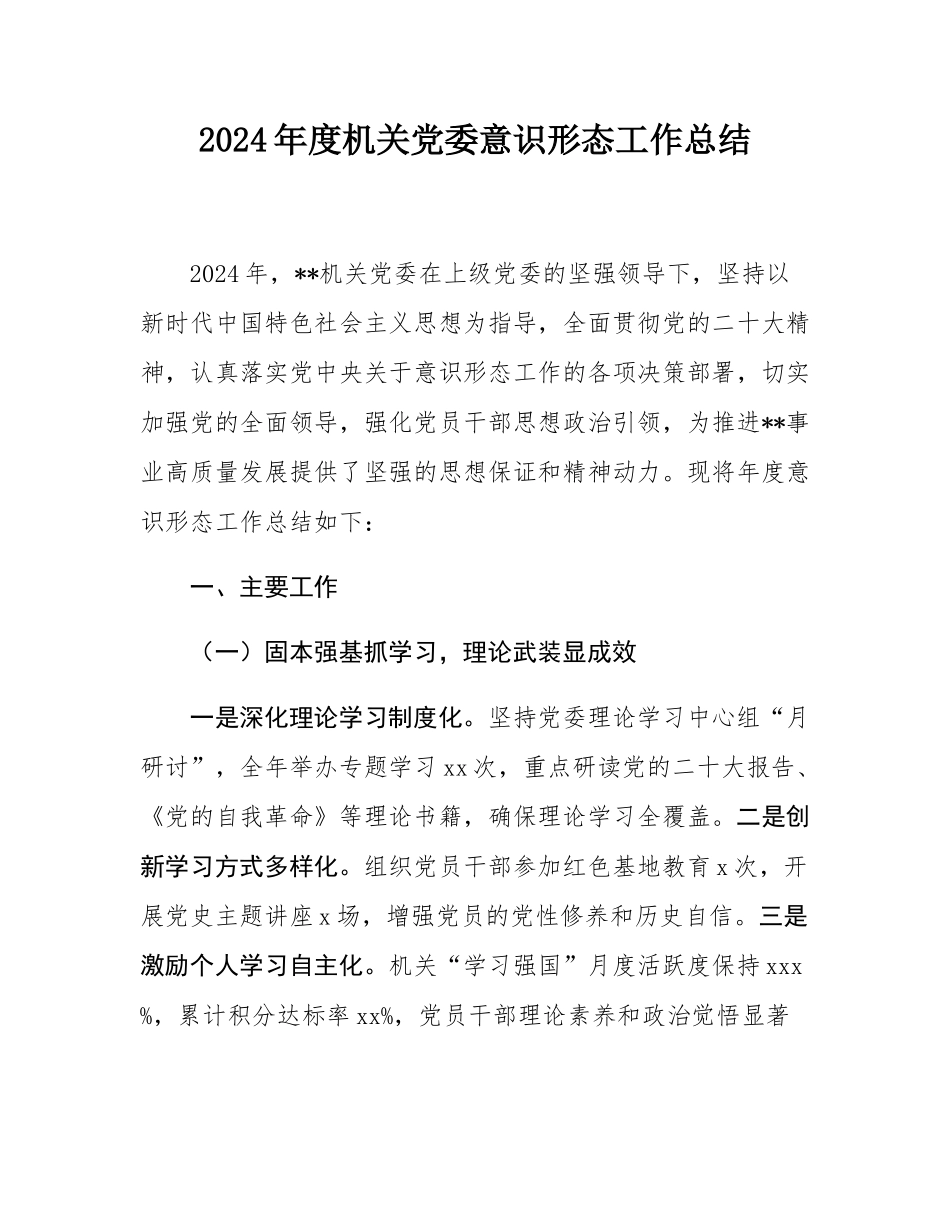 2024年度机关党委意识形态工作总结.docx_第1页