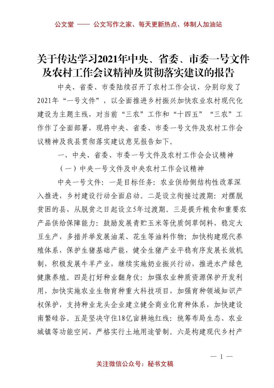 关于传达学习2021年中央、省委、市委一号文件及农村工作会议精神及贯彻落实建议的报告.docx_第1页