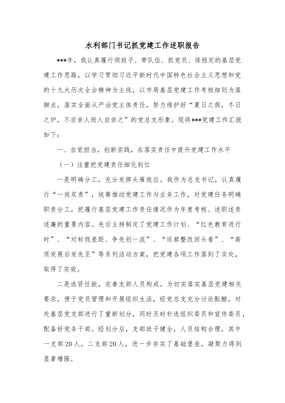 水利部门书记抓党建工作述职报告.docx_第1页