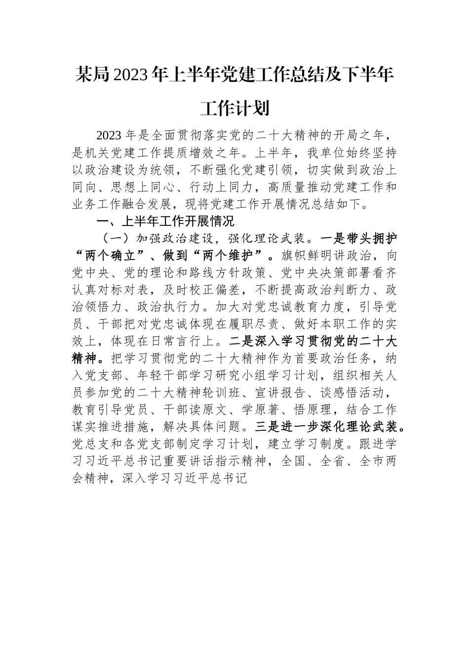 某局2023年上半年党建工作总结及下半年工作计划.docx_第1页