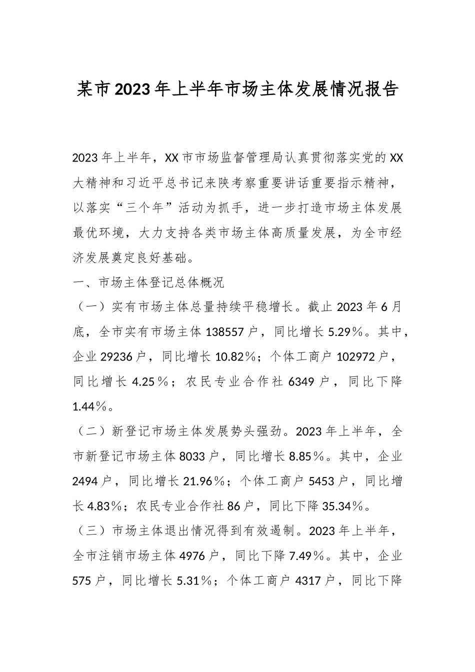 某市2023年上半年市场主体发展情况报告.docx_第1页