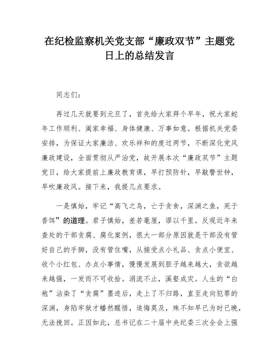 在纪检监察机关党支部“廉政双节”主题党日上的总结发言.docx_第1页