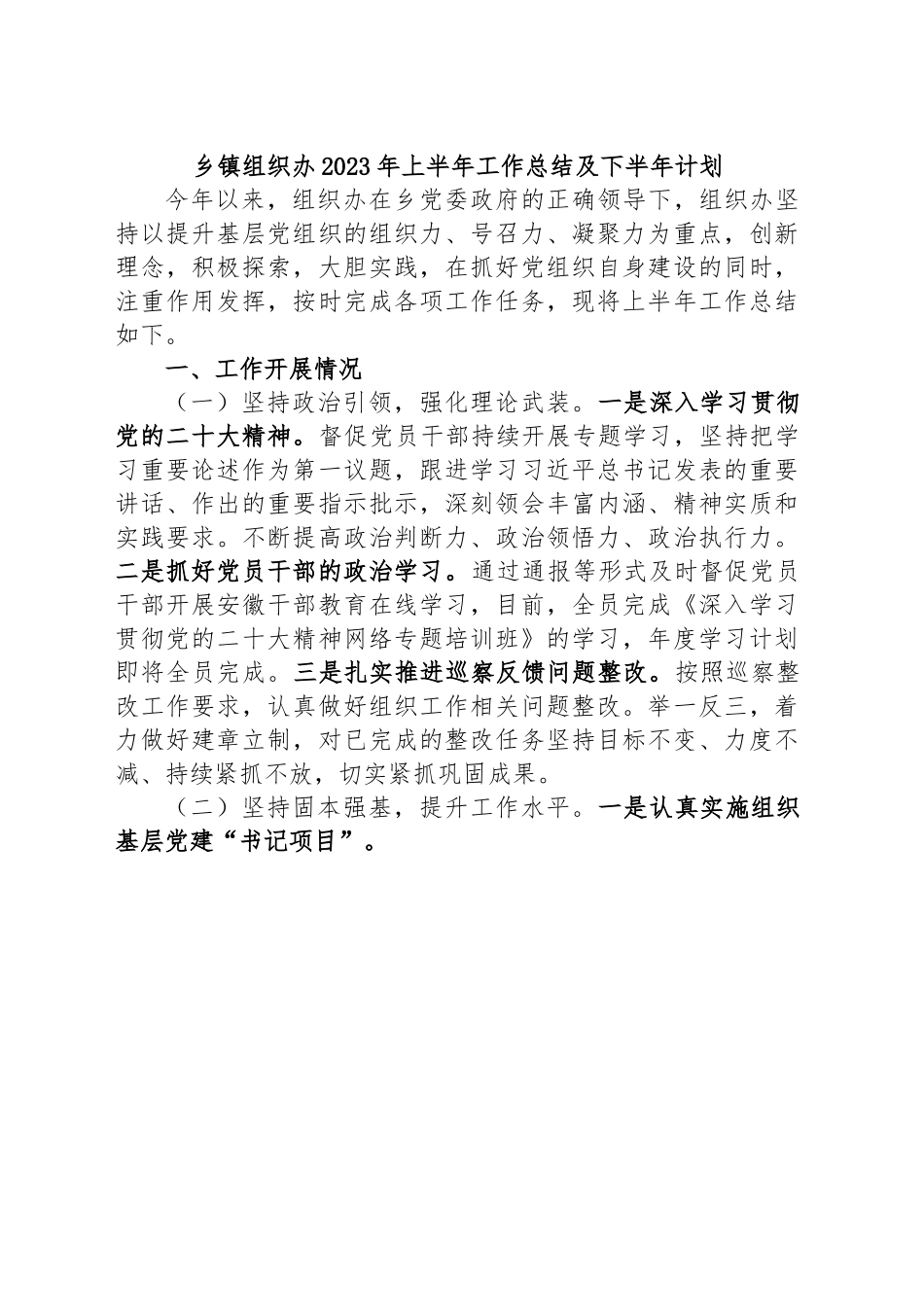 乡镇街道组织办2023年上半年工作总结及下半年计划.docx_第1页