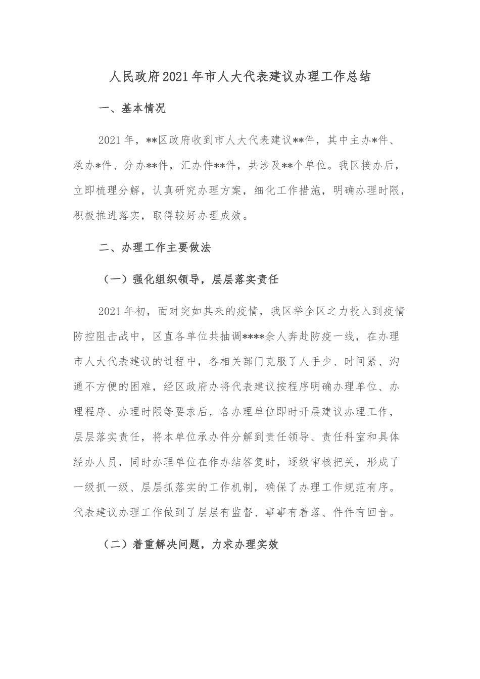 人民政府2021年市人大代表建议办理工作总结.docx_第1页