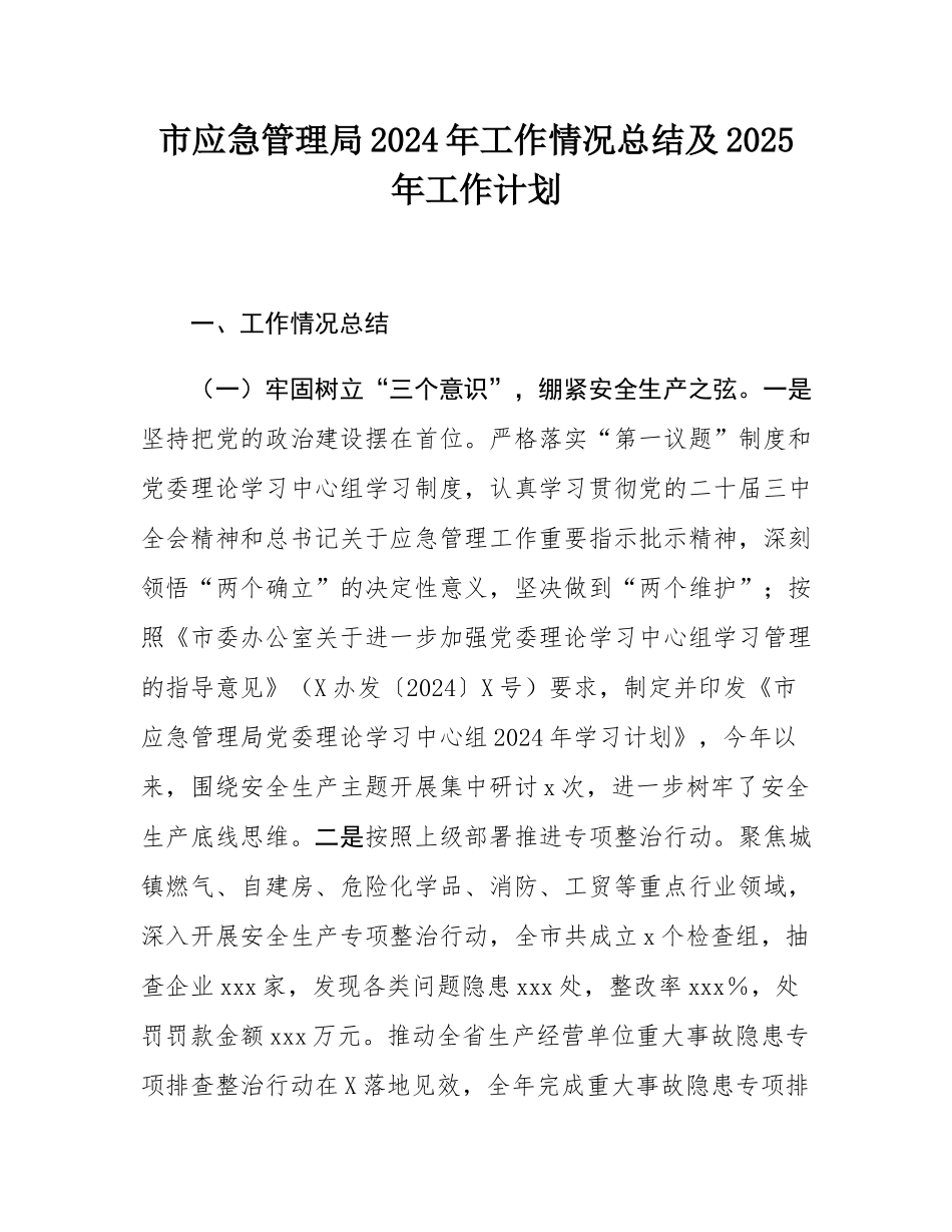 市应急管理局2024年工作情况总结及2025年工作计划.docx_第1页