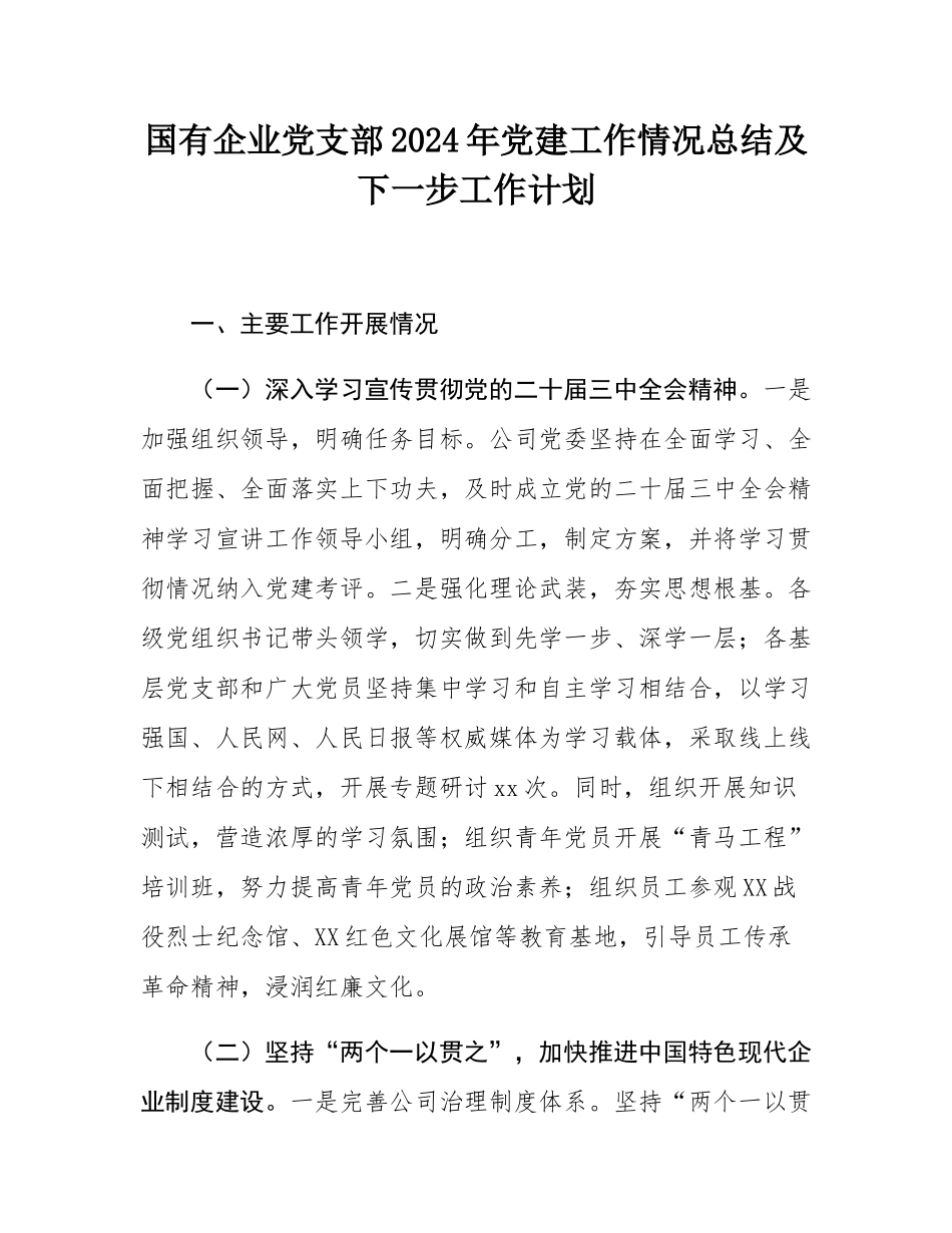 国有企业党支部2024年党建工作情况总结及下一步工作计划.docx_第1页