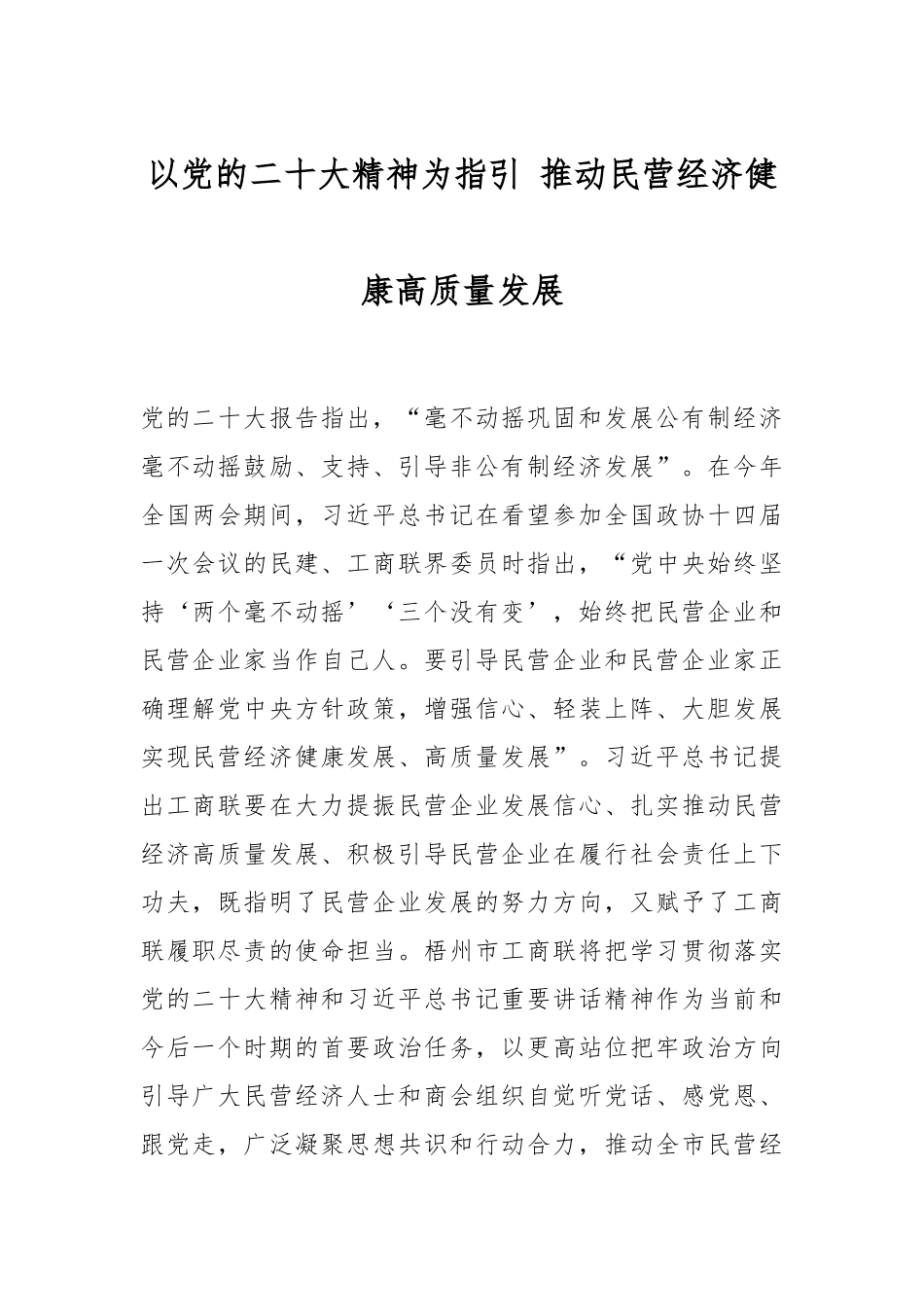 以党的二X大精神为指引 推动民营经济健康高质量发展.docx_第1页