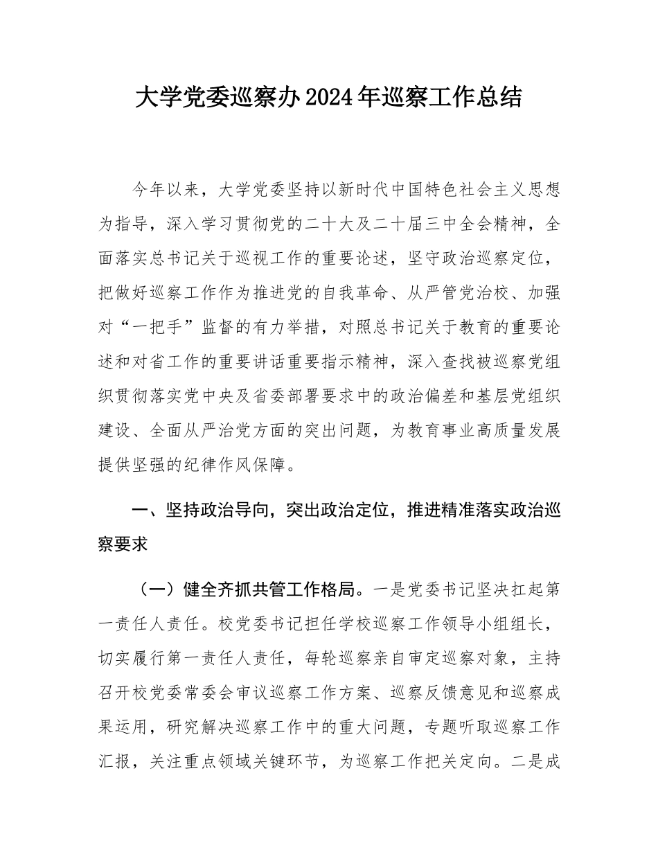 大学党委巡察办2024年巡察工作总结.docx_第1页