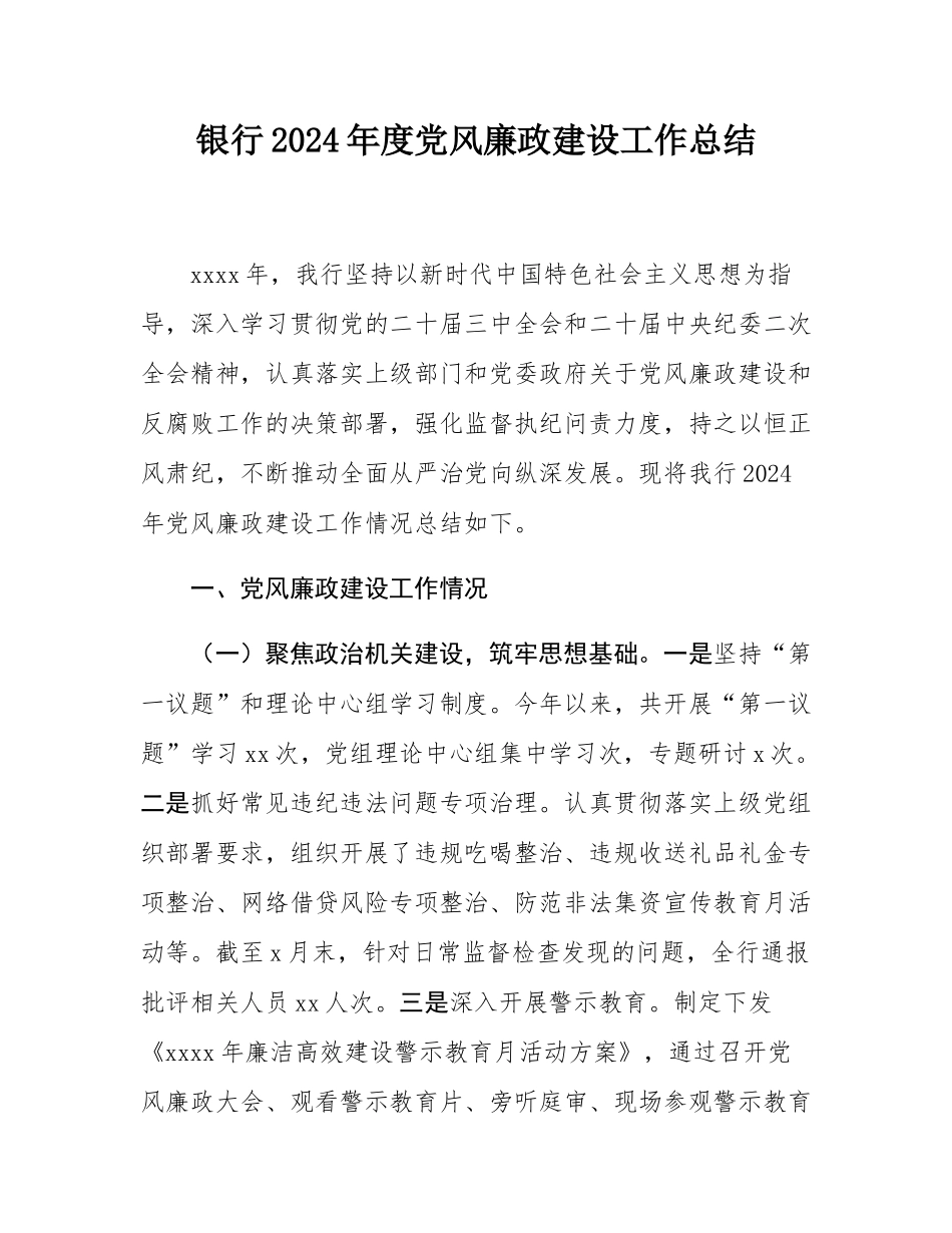 银行2024年度党风廉政建设工作总结.docx_第1页