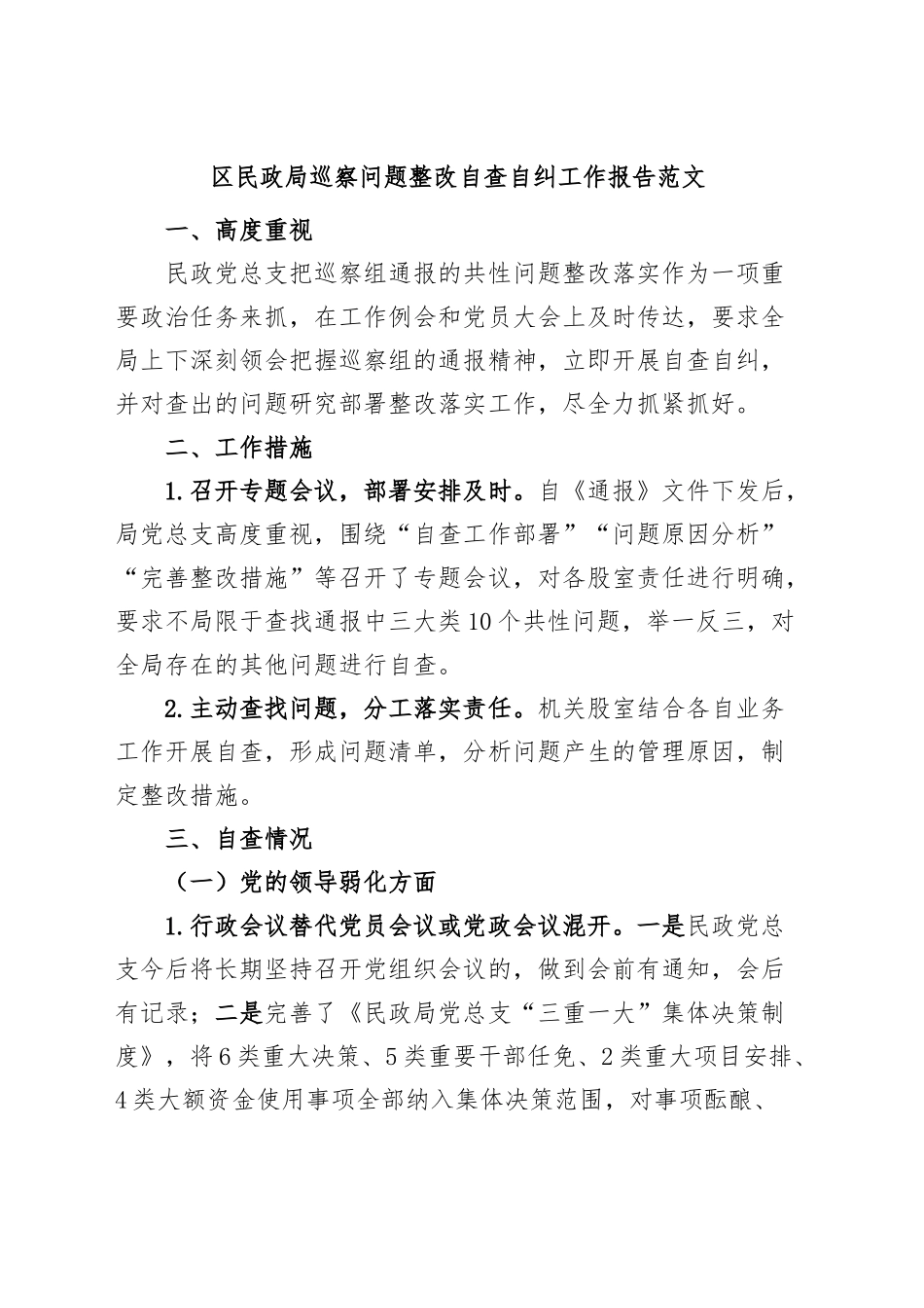 区民政局巡察问题整改自查自纠工作报告总结汇报.docx_第1页