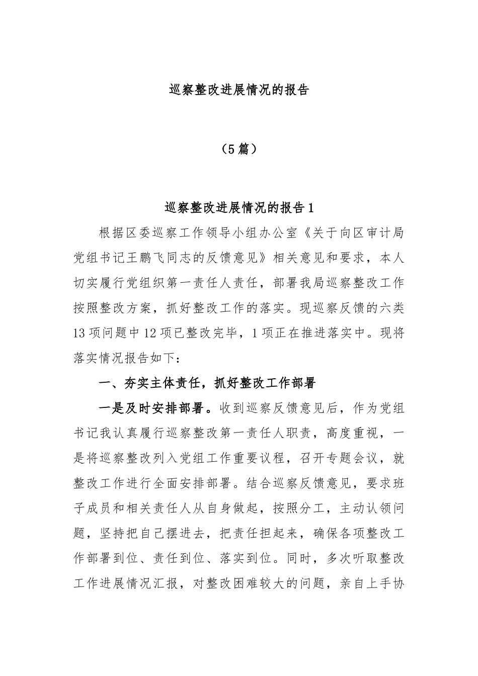 (5篇)巡察整改进展情况的报告.docx_第1页