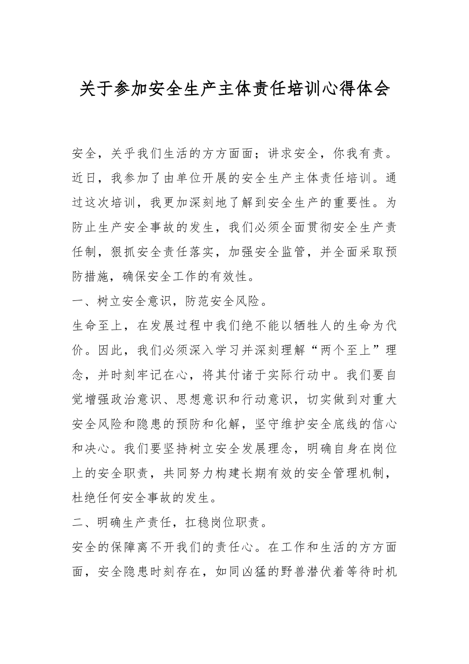 关于参加安全生产主体责任培训心得体会.docx_第1页