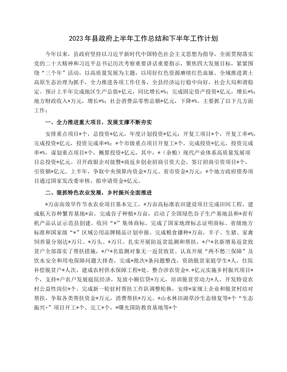 2023年县政府上半年工作总结和下半年工作计划.docx_第1页