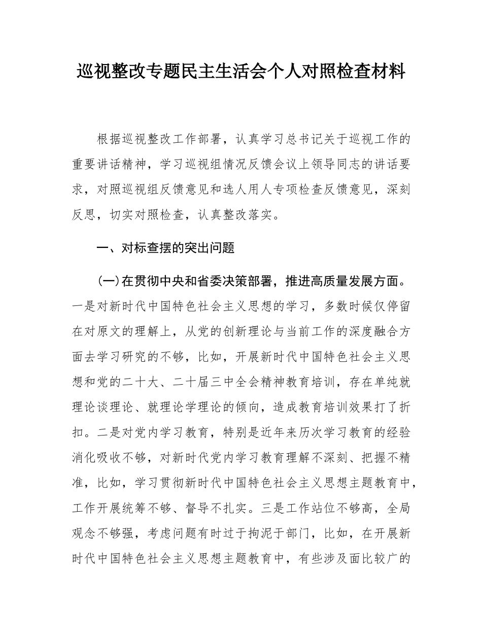 巡视整改专题民主SH会个人对照检查材料.docx_第1页