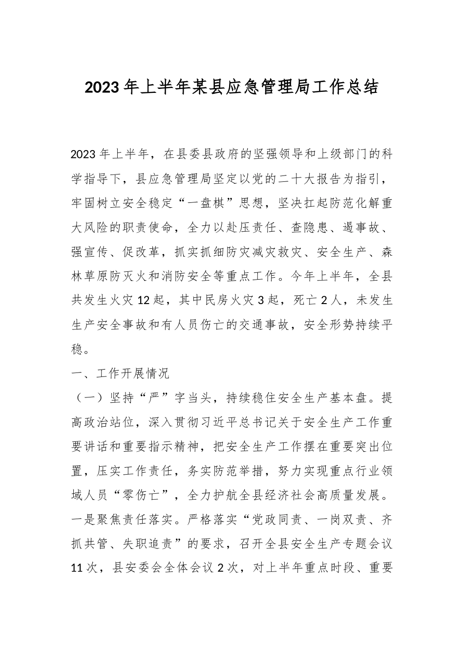 2023年上半年某县应急管理局工作总结.docx_第1页