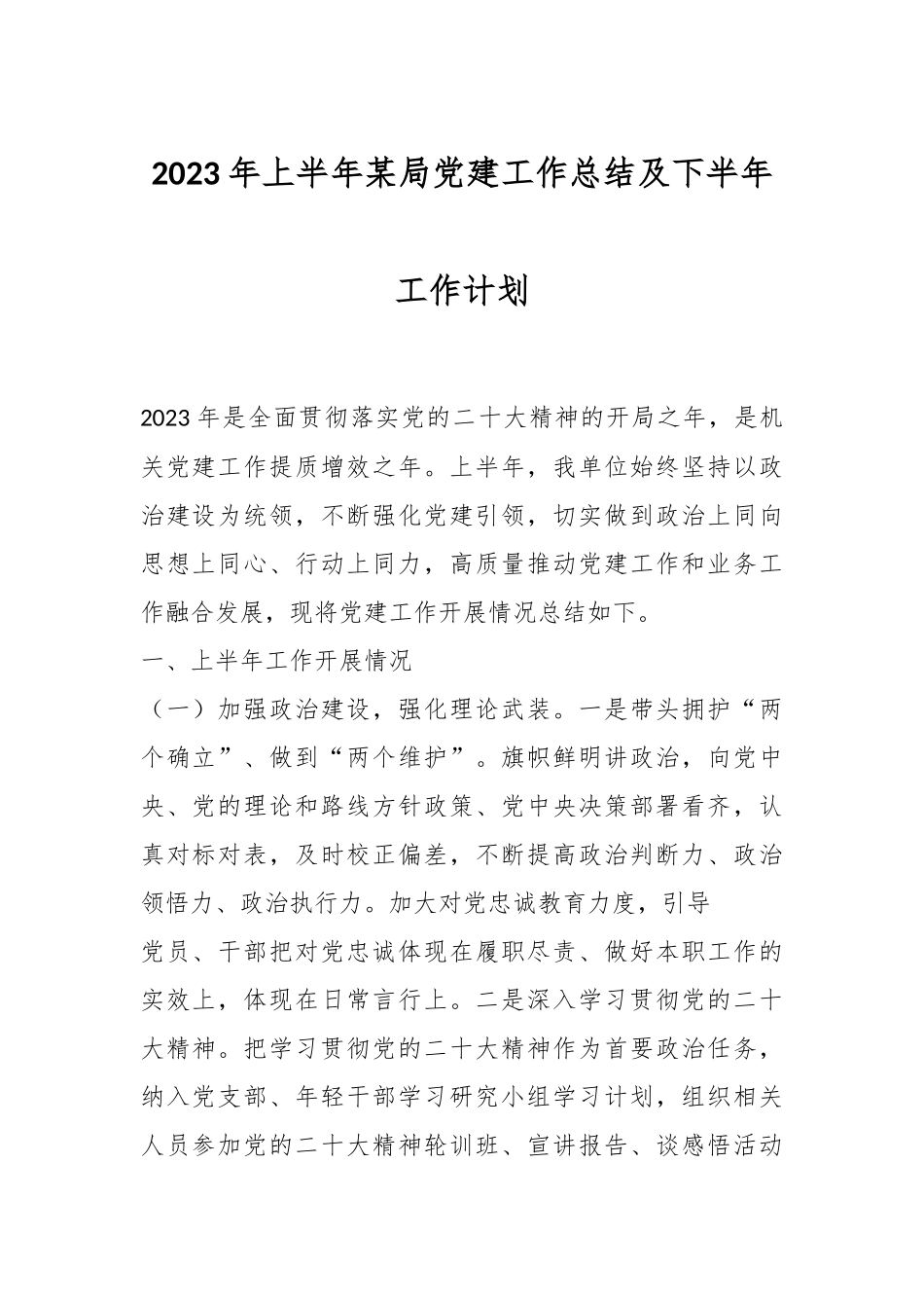 2023年上半年某局党建工作总结及下半年工作计划.docx_第1页