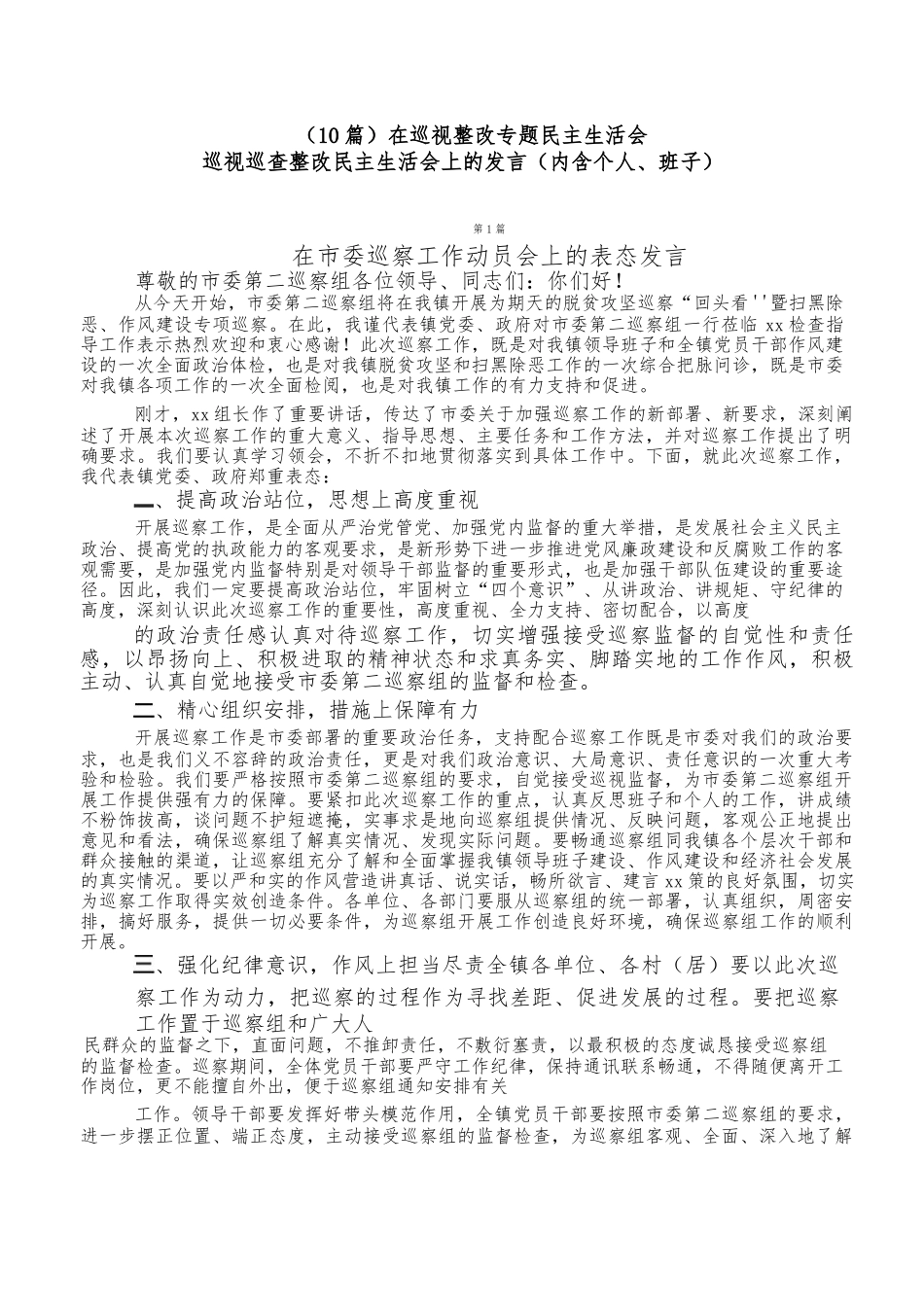 （10篇）在巡视整改专题民主生活会巡视巡查整改民主生活会上的发言.docx_第1页