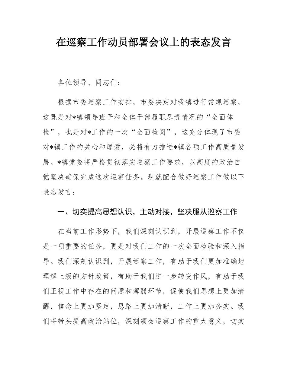 在巡察工作动员部署会议上的表态发言.docx_第1页