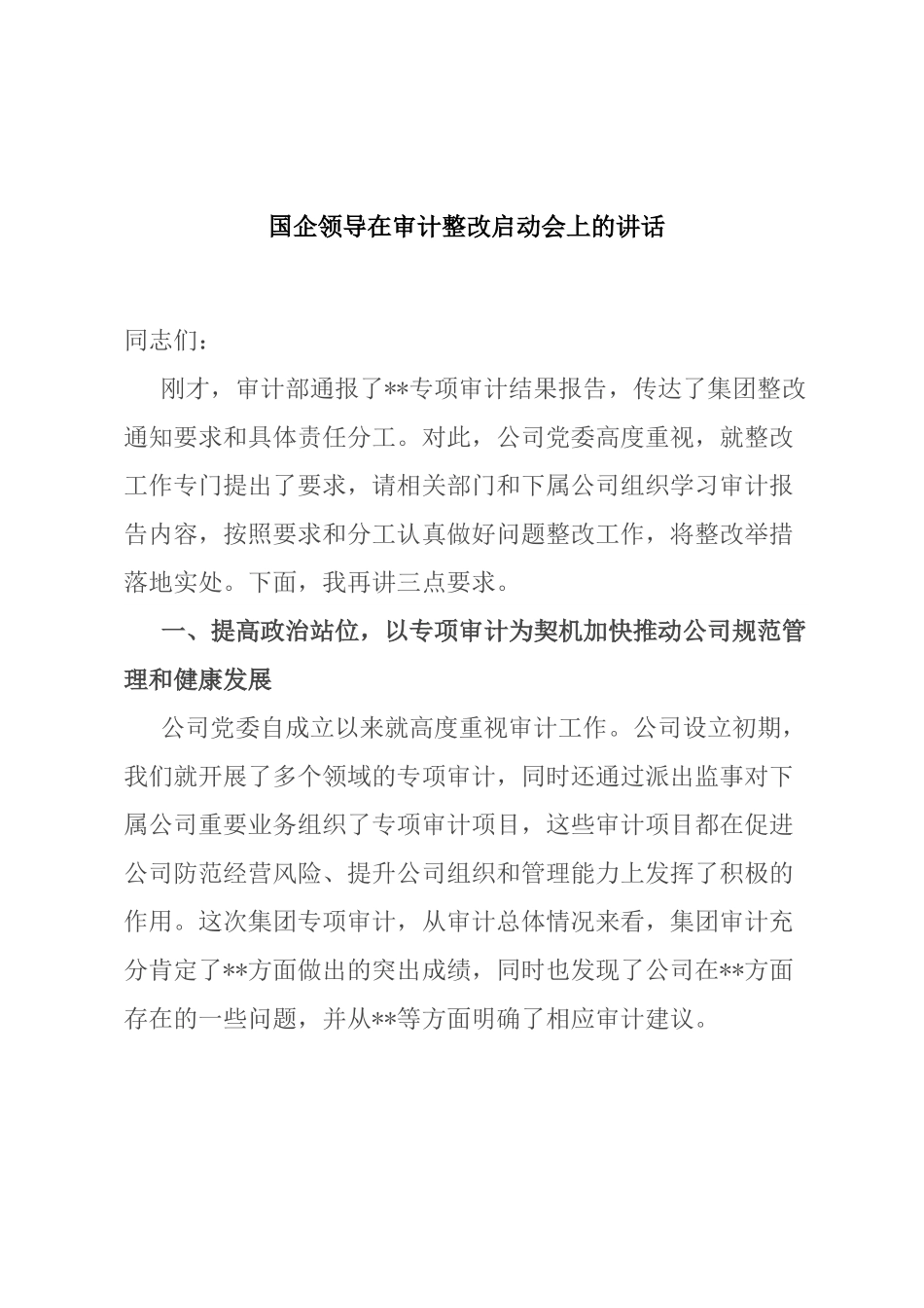 国企领导在审计整改启动会上的讲话.docx_第1页