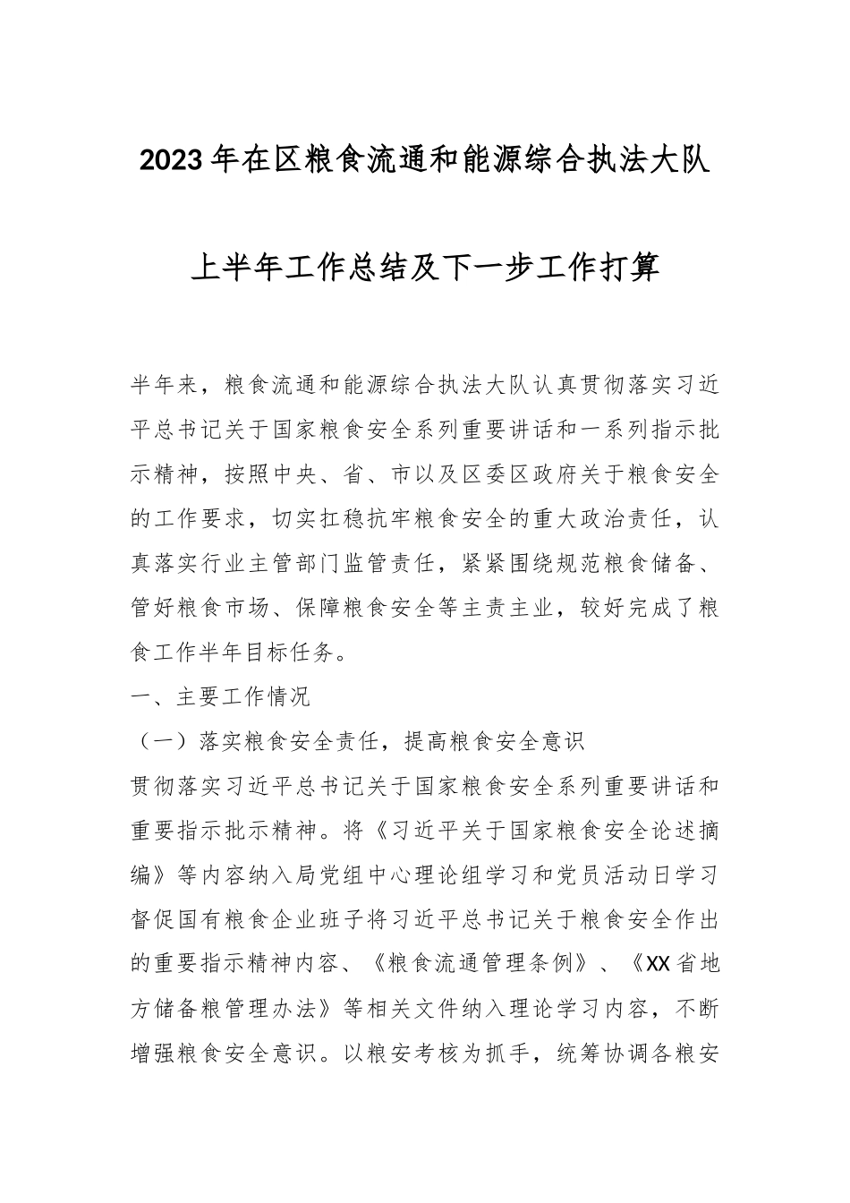 2023年在区粮食流通和能源综合执法大队上半年工作总结及下一步工作打算.docx_第1页