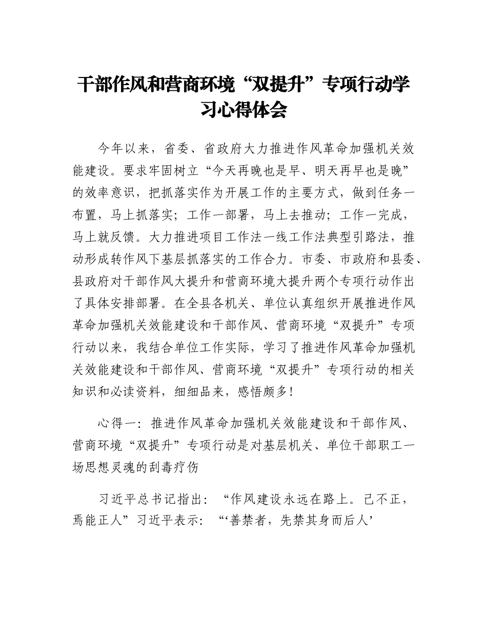 20230312：干部作风和营商环境双提升专项行动学习心得体会.docx_第1页