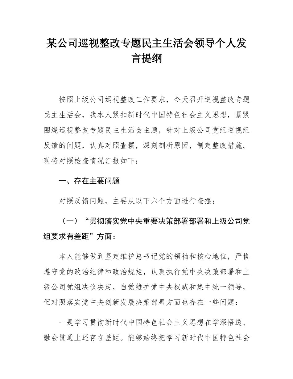 某公司巡视整改专题民主SH会领导个人发言提纲.docx_第1页