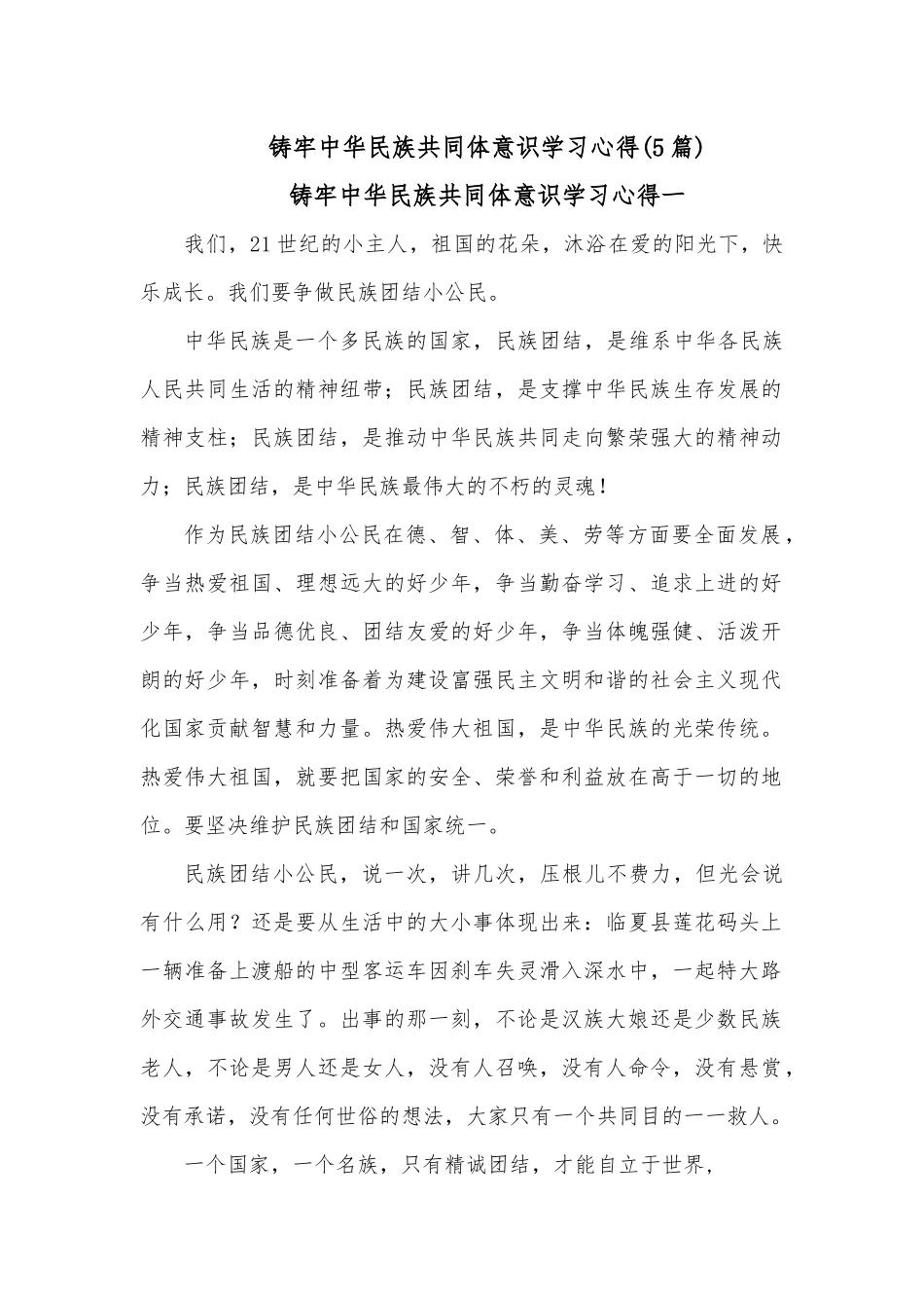 (5篇)铸牢中华民族共同体意识学习心得.docx_第1页