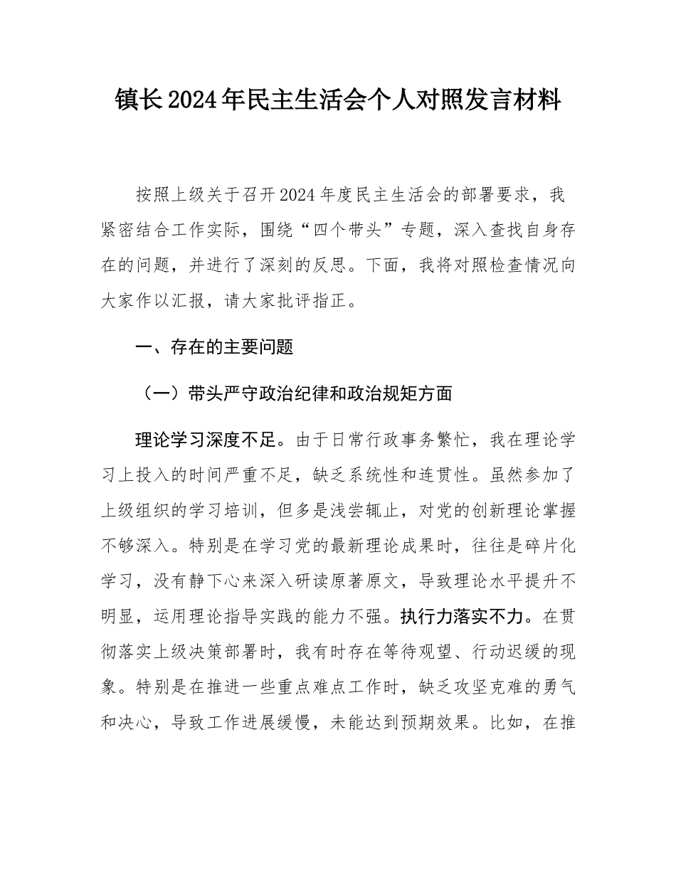 镇长2024年民主SH会个人对照发言材料.docx_第1页