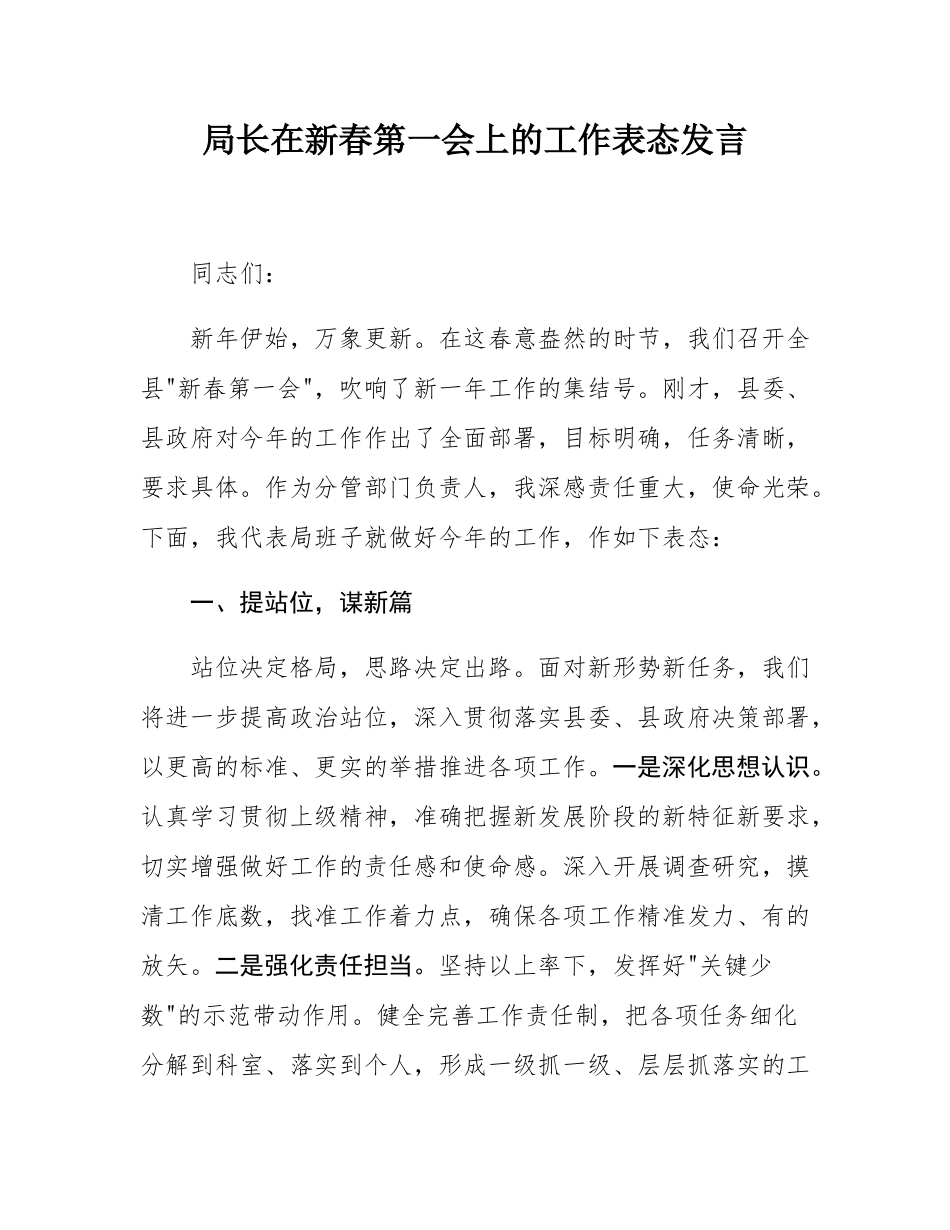 局长在新春第一会上的工作表态发言.docx_第1页